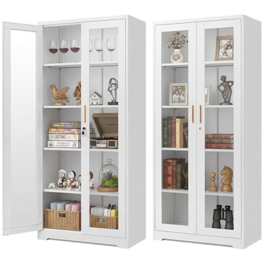 Glass Cabinet Display - ตู้โชว์ของสะสมสำหรับใช้ในบ้าน พร้อมประตูกระจก โครงสร้างโลหะ สีดำ ดีไซน์สูงพร้อมระบบล็อก เหมาะสำหรับของสะสมและถ้วยรางวัล