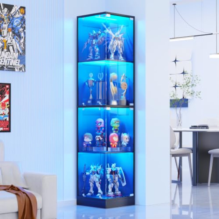 Glass Cabinet Display - ตู้โชว์มุมพร้อมประตูกระจก ทำจากไม้ MDF สีขาว พร้อมไฟ LED