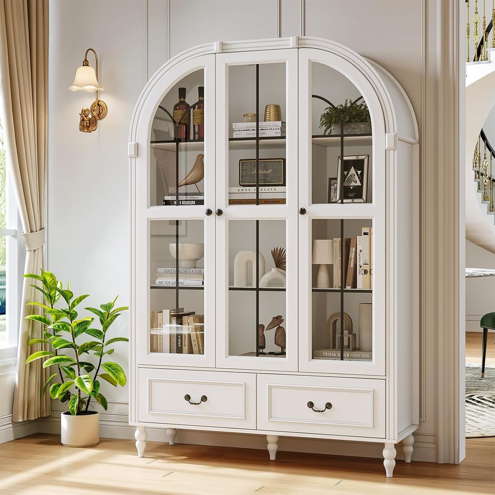 Glass Cabinet Display - ตู้เก็บของในครัวทรงโค้งสูง 70.8 นิ้ว, ตู้เก็บของขนาดใหญ่พร้อมบานกระจก, ตู้โชว์, ชั้นวางหนังสือไม้พร้อมลิ้นชัก