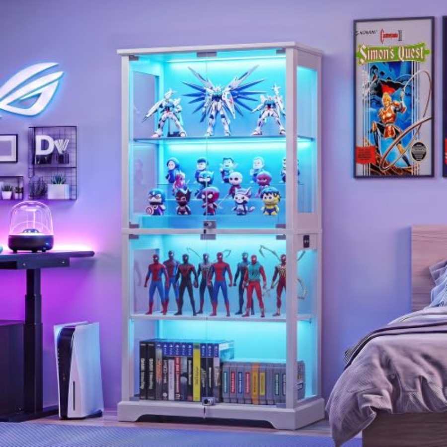 Glass Cabinet Display - ตู้โชว์กระจกสไตล์ฟาร์มเฮาส์พร้อมกุญแจล็อคสำหรับห้องนั่งเล่น, กระจกนิรภัยและไม้, สีขาว, ชั้นวางปรับระดับได้และระบบปิดแบบนุ่มนวล