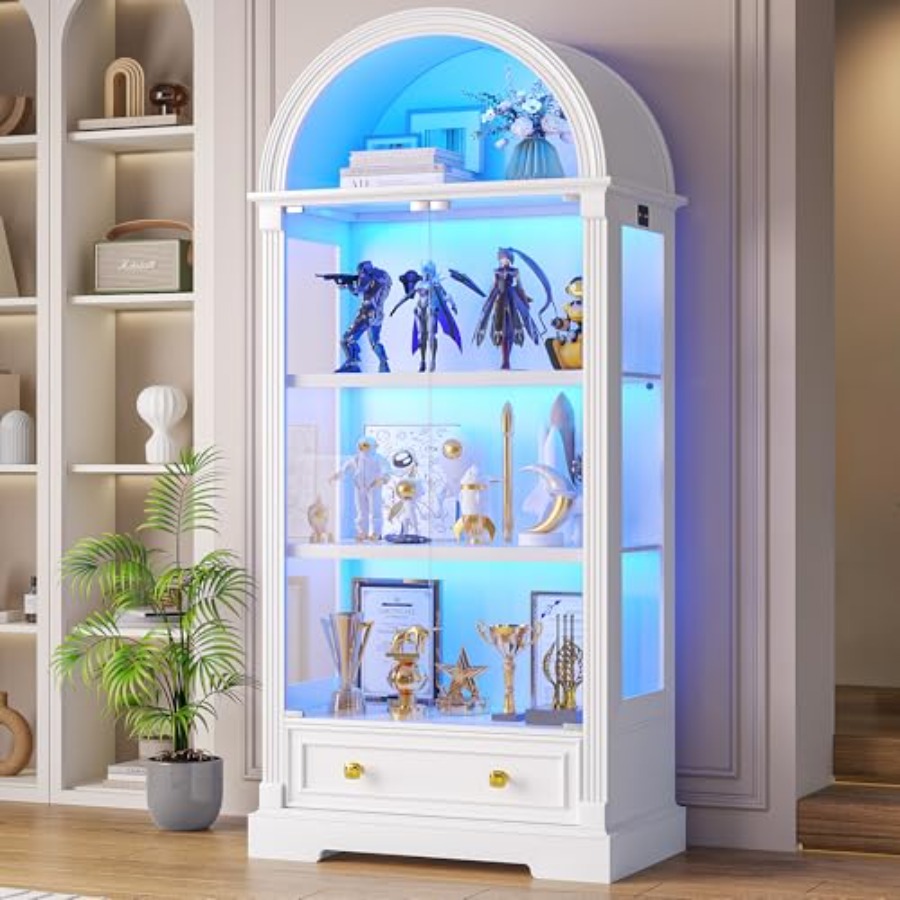 Glass Cabinet Display - ตู้โชว์ทรงโค้งสำหรับห้องนั่งเล่น, ประตูกระจกนิรภัย, สีขาว, ไฟ LED พร้อมเซ็นเซอร์ตรวจจับการเคลื่อนไหว,