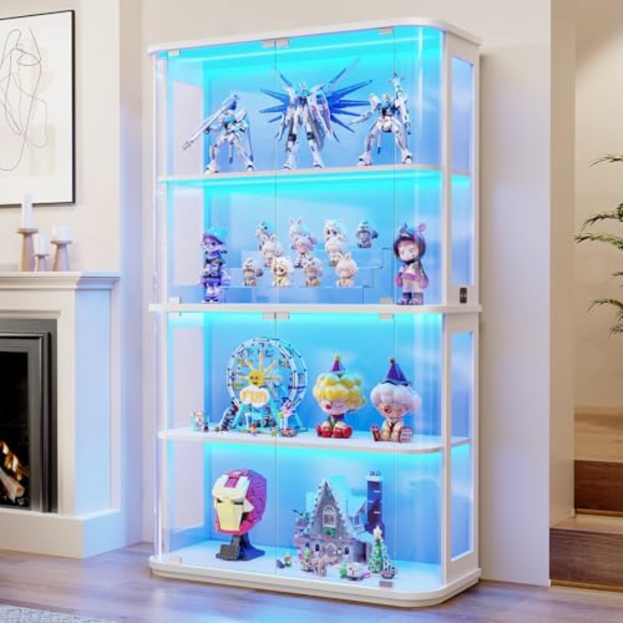 Glass Cabinet Display - ตู้โชว์ทรงโค้งสำหรับใช้ในร้านค้าปลีก ประตูกระจกนิรภัยพร้อมไฟ LED สีขาว ให้แสงสว่างประหยัดพลังงาน