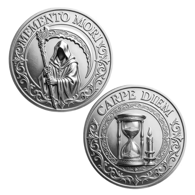 Token Coin Mechanism - เหรียญโลหะชุบทองรูปนาฬิกาทราย ลาย Memento Mori Carpe Diem
