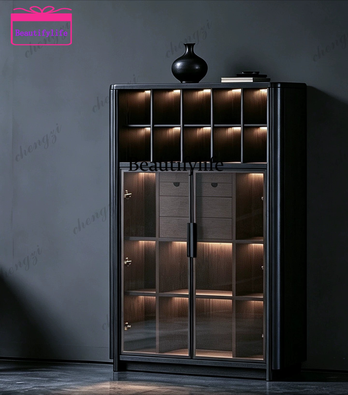 Glass Cabinet Display - ตู้หนังสือไม้เนื้อแข็งสไตล์มินิมอลอิตาลี a55 พร้อมประตูกระจก ตู้โชว์แบบสูงเต็มตัว ตู้เก็บของแบบผสมผสานทันสมัยพร้อมโคมไฟ