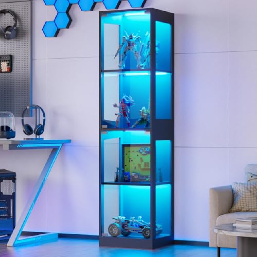 Glass Cabinet Display - ตู้โชว์กระจกพร้อมไฟ LED RGB สำหรับของสะสม เหมาะสำหรับใช้ในห้องเล่นหรือห้องนั่งเล่น ประตูกระจกใส