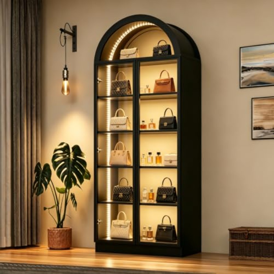 Glass Cabinet Display - ตู้โชว์ทรงโค้งสำหรับห้องนั่งเล่นหรือสำนักงาน ประตูอะคริลิกใส สีขาว สูง 77 ซม.