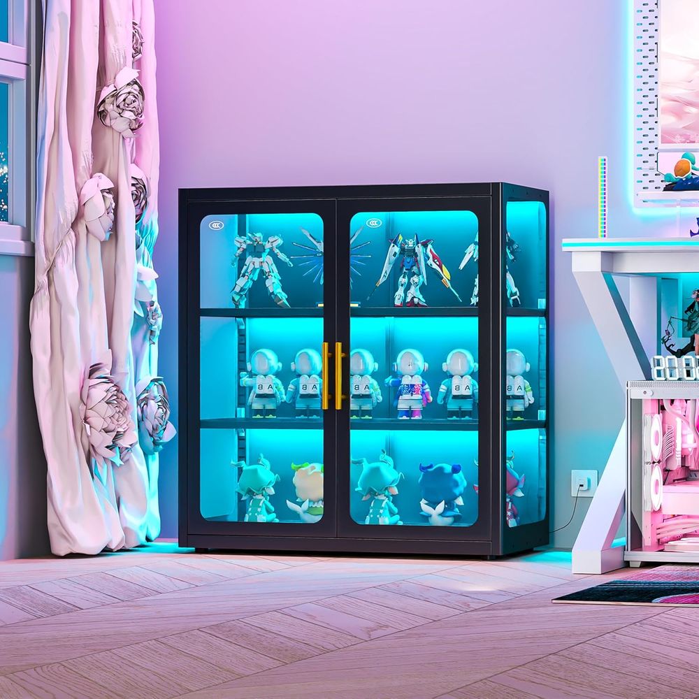 Glass Cabinet Display - ตู้โชว์กระจกสูง 34 นิ้ว พร้อมชั้นวางปรับระดับได้และไฟ LED สำหรับห้องนั่งเล่น