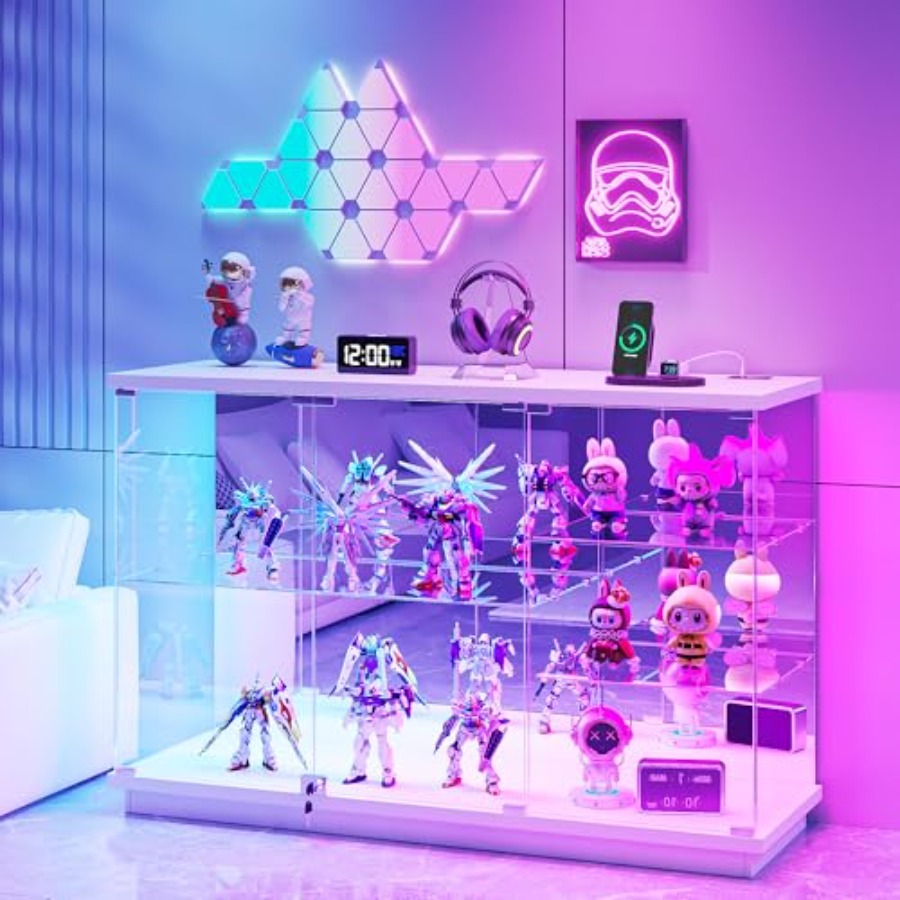 Glass Cabinet Display - ตู้โชว์กระจก RGB พร้อมกุญแจล็อคสำหรับของสะสม: กระจกเทมเปอร์สีขาว, ไฟ LED,